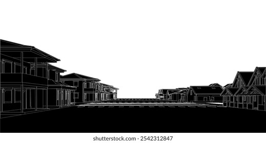 Small Town With Single-storey Houses View Vector - 01. Residential Houses In The Settlement. Perspective Spatial Environmental View Of Houses And Streets.