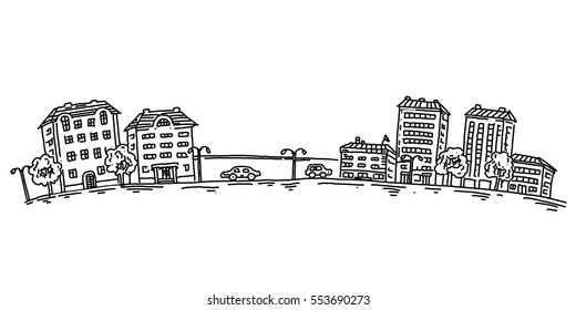 Small Town, A Sketch Of The Street On A White Background, Vector Hand Drawing