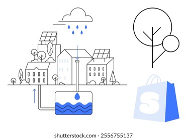 Small town with solar panels and rainwater harvesting. Ideal for eco-friendly living, renewable energy, sustainable urban planning, green technology, water conservation. Modern line art style