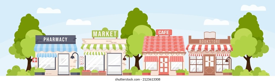 Small town street with cartoon city pharmacy, market, cafe, bookstore buildings and trees. Modern, cute flat vector illustration, stores facades, sunny day, blue sky, green trees and shrubs.