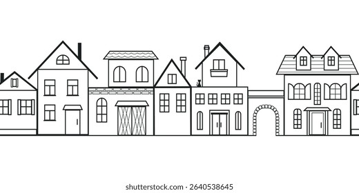 Small town street drawn with contour black lines, transparent seamless vector pattern, wallpaper print, packaging design