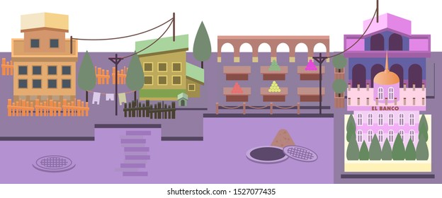 Small town street illustration in flat style