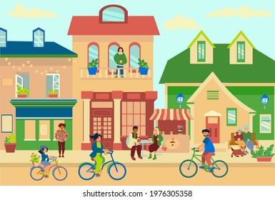 A small town street with shop fronts and a coffee kiosk. Elderly couple walks with dog, young man and woman ride bikes, couple drinks coffee Concept cartoon illustration