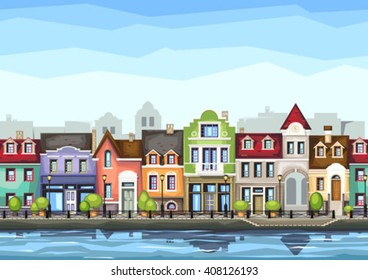 Small town street with .Vector illustration of stylized colorful city landscape.Old town .