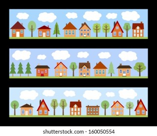 Small Town Street View With Cartoon Homes And Trees. European Village Street Banners.