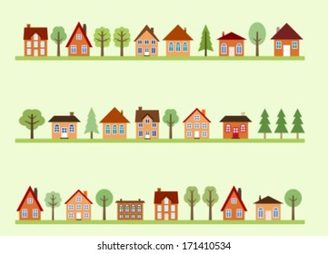 Small town street view with cartoon homes and trees. European village street.