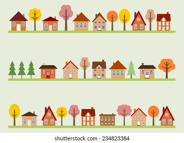 Small Town Street View With Cartoon Homes And Autumn Trees. European Village Street.