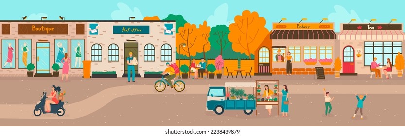 Small town streets, people walking, houses of bakery, cafe and shops old european architecture cityscape cartoon vector illustration.