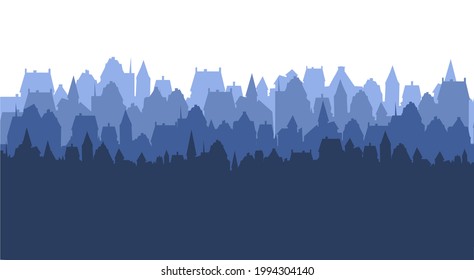 Small town streets silhouette. Roofs of houses. Country landscape. Flat cartoon style. Seamless illustration. Isolated on white background. Vector art