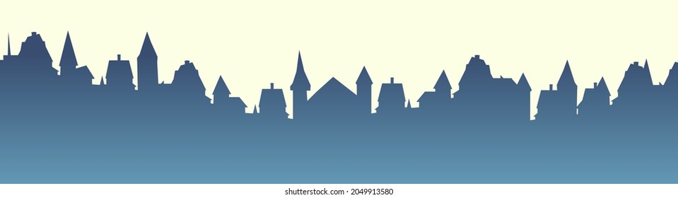 Small town streets silhouette. Roofs of houses. Country landscape. Flat cartoon style. Seamless illustration. Vector art.