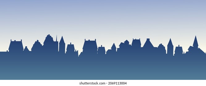 Small town streets silhouette. Roofs of houses. Country landscape. Flat cartoon style. Seamless illustration. Vector art.