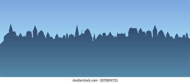 Small town streets silhouette. Roofs of houses. Country landscape. Flat cartoon style. Seamless illustration. Vector art