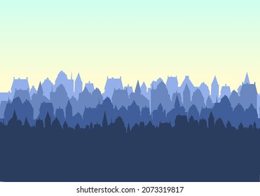 Small town streets silhouette. Roofs of houses. Country landscape. Evening. Flat cartoon style. Seamless illustration. Vector art