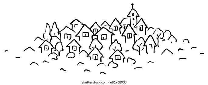 Small Town Stylized Cartoon Line Drawing, Horizontal, Vector Illustration, Isolated