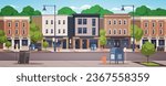 Small town summer street vector. Facades of buildings with shops and cafes. Vector flat illustration