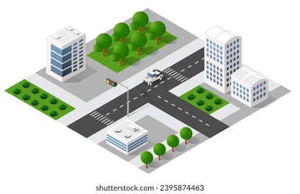 Un pequeño pueblo rodeado de árboles y un camino, plano, mapa isométrico, urbanismo, barrio de los suburbios. vector de ilustración 3D