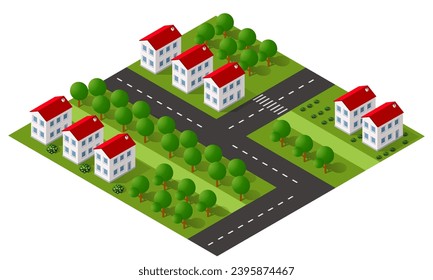 Un pequeño pueblo rodeado de árboles y un camino, plano, mapa isométrico, urbanismo, barrio de los suburbios. vector de ilustración 3D