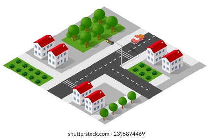 A small town surrounded by trees and a road,  flat, isometric map, urban planning, suburban neighborhood. 3D illustration vector