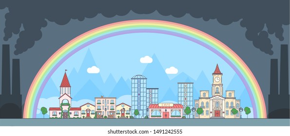 A small town that ignores the problems of bad ecology. Vector flat illustration