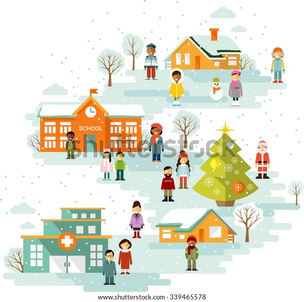Small town urban
Christmas celebration landscape. Cityscape winter background  with
people in flat style