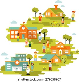 Small Town Urban Cityscape Background With Buildings And People In Flat Style