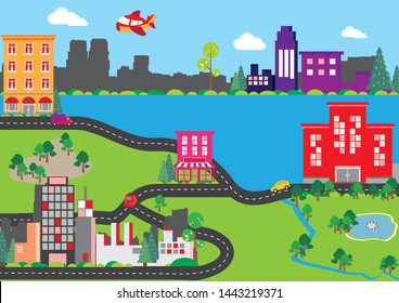 Small town urban landscape in flat design style, vector illustration. With small business, buildings, roads, cars, trees, etc