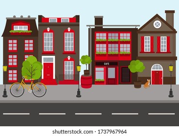 Small town urban landscape in flat design style, vector illustration. Includes small business, buildings, trees, street with walking people, shops, bike