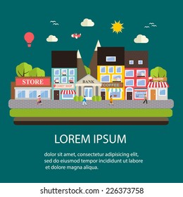 Small Town Urban Landscape In Flat Design Style, Vector Illustration. Includes Small Business, Buildings,  Trees, Street With Walking People, Shops