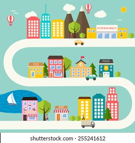 Small town urban landscape in flat design style, vector illustration. With skyscrapers, buildings, roads, cars, trees, street with people, pharmacy, school, police office, supermarket, post, shop 