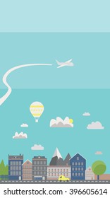 Small town urban landscape in flat design style, vector illustration. With small business, buildings, roads, cars, trees, street with people, candy shop, barber shop, supermarket, books store etc