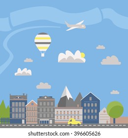 Small town urban landscape in flat design style, vector illustration. With small business, buildings, roads, cars, trees, street with people, candy shop, barber shop, supermarket, books store etc