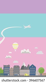 Small town urban landscape in flat design style, vector illustration. With small business, buildings, roads, cars, trees, street with people, candy shop, barber shop, supermarket, books store etc 