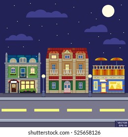 Small Town Urban Landscape In Flat Design Style, Vector Illustration. Buildings, Trees, Street Ice Cream Shop, Coffee Shop Cafe Modern Tiny Friendly City