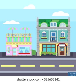 Small town urban landscape in flat design style, vector illustration. buildings, trees, street ice cream shop, coffee shop cafe modern tiny friendly city
