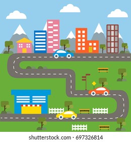 Small town urban landscape in flat design style, vector illustration.