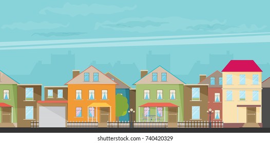 Small town urban landscape in flat design style, vector illustration.