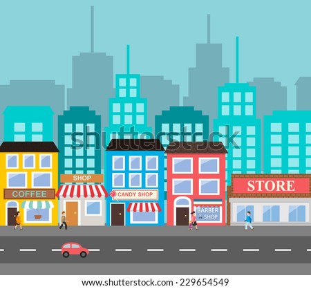 Small town urban landscape in flat design style, vector illustration. Includes small business, buildings, street with walking people, supermarket,  coffee shop, roads, car, skyscrapers 