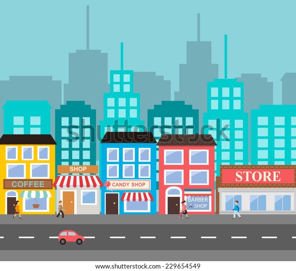 Small\
town urban landscape in flat design style, vector illustration.\
Includes small business, buildings, street with walking people,\
supermarket,  coffee shop, roads, car, skyscrapers\
