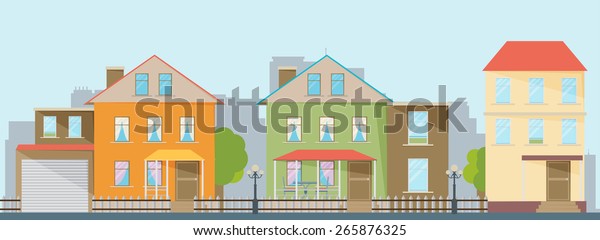 Small town urban landscape in flat design style, vector\
illustration.  