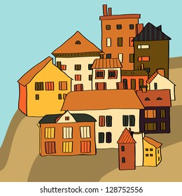 Small town various buildings on a hill composition, vector