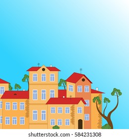Small town various buildings on composition. Vector file.