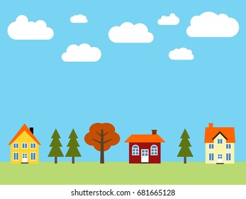 Small town vector - cute village illustration. Residential suburb.