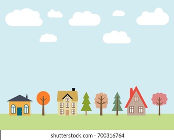 Small town vector - cute village illustration. Residential suburb.