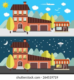 Small town vector illustration of flat design urban landscape compositions