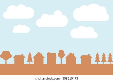 Small Town Vector Silhouette With Blank Copy Space. Village Illustration.