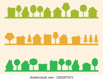 Small town vector silhouettes with blank copy space. Village illustration.