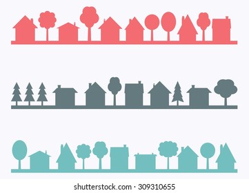 Small town vector silhouettes with blank copy space. Village illustration.