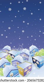Small town viewed from above, illustration of winter landscape with snow in the night sky