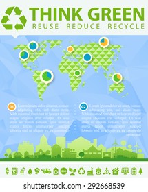 Small town or village ecological illustration "Think green!" with infographics world map