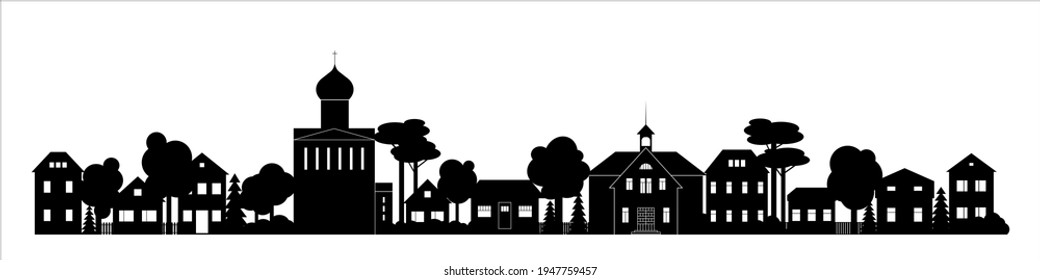 Small Town Or Village Neighborhood Silhouette With Chapel Church Houses Homes Landscape